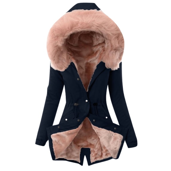 LEKODE Women's Winter Fleece Lined Sherpa Parka Drawstring Hooded Jacket Navy 4XL