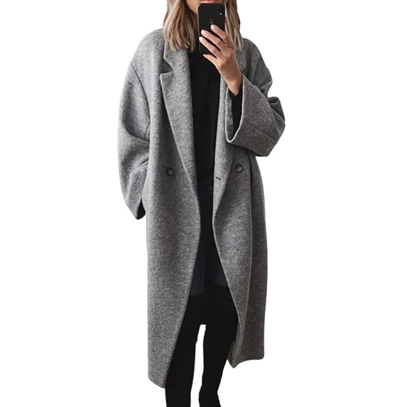 LEKODE Women's Winter Wool Blend Coat Double Breasted Casual Notch Lapel Long Trench Overcoat Peacoat Gray L