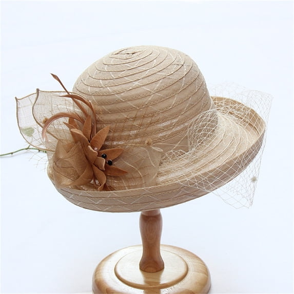 LEKODE Women's organza hat Organza Derby Hats for Women womens dress hats Outdoor Hat Sun Hat for Ladies Summer Sun hat elegant hats for women fascinators hats Packable Wide Brim Hats Beige One Size