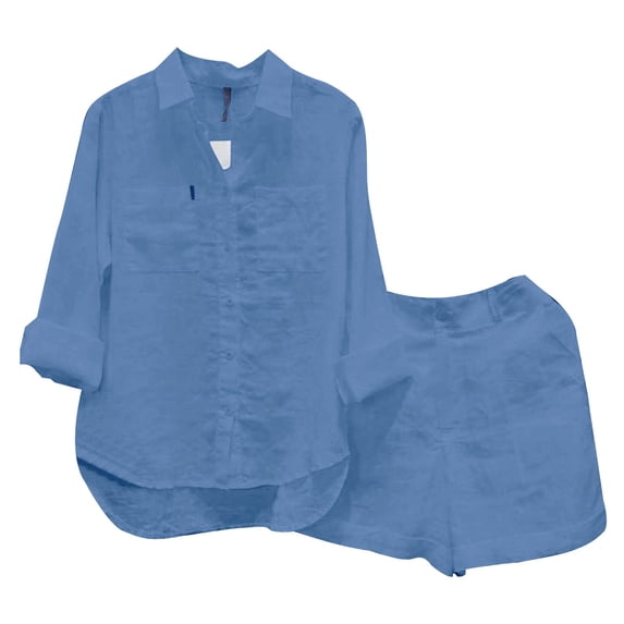 LEKODE Womens 2 Piece Linen Short Sets Summer Button Down Shirt Shorts Casual Lounge Beach Vacation Outfits with Pockets F 2XL