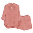 thumbnail image 1 of LEKODE Womens 2 Piece Linen Short Sets Summer Button Down Shirt Shorts Casual Lounge Beach Vacation Outfits with Pockets Watermelon Red L, 1 of 3