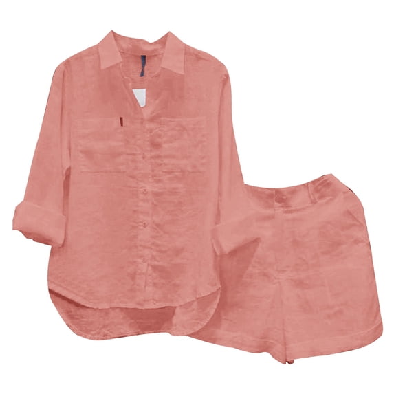 LEKODE Womens 2 Piece Linen Short Sets Summer Button Down Shirt Shorts Casual Lounge Beach Vacation Outfits with Pockets Watermelon Red L
