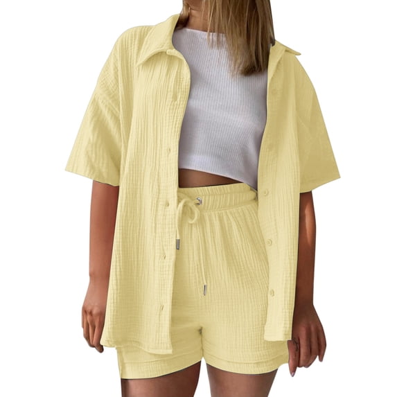LEKODE Womens 2 Piece Sets Summer Button Down Collared Shirt Shorts Sets Beach Vacation Outfits Casual Matching Sets Yellow L