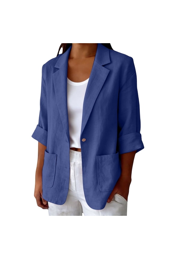 Womens Blazer Work Office Suit Jackets Blazer with Pocket Open Front 3/4 Sleeve Summer Blazer Long Sleeve Notch Lapel Business Summer Women’s Linen Blazer Jacke Blue M