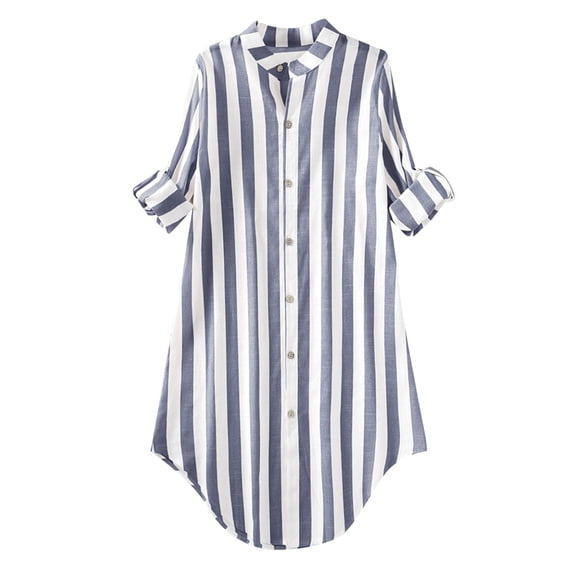 LEKODE Womens Button Down Shirt Dresses Striped Cotton Shirts Collared Long Sleeve High Low Blouse Tops Blue L