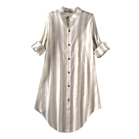 LEKODE Womens Button Down Shirts Linen Cotton Long Sleeve Blouse Tunic Tops Cover Up Shirt Loose Beach Bikini Dress Yellow M