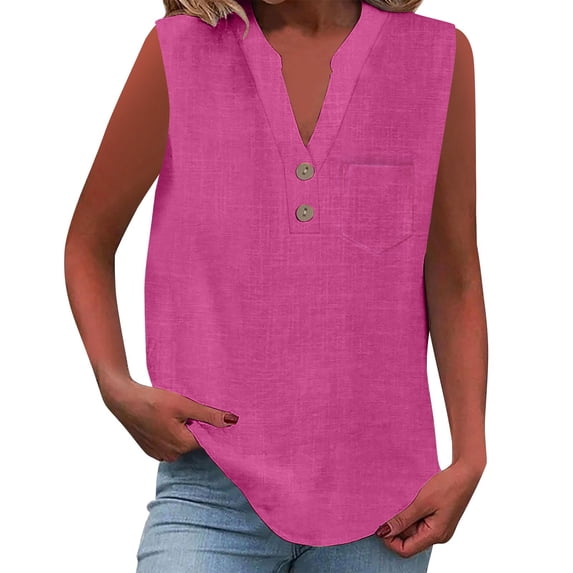 LEKODE Womens Button Down Shirts Sleeveless Tops V Neck Casual Blouse Cotton Linen Gauze Plus Size Going Out Tops Cute Tank Tops Cotton Linen Tank Tops Wide Strap Tank Tops Womens Summer Pink XL