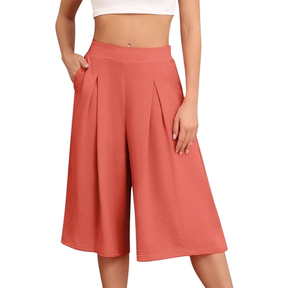 LEKODE Womens Capri Palazzo Pants Wide Leg Flowy High Waisted Gaucho Capris with Pockets Watermelon Red XL