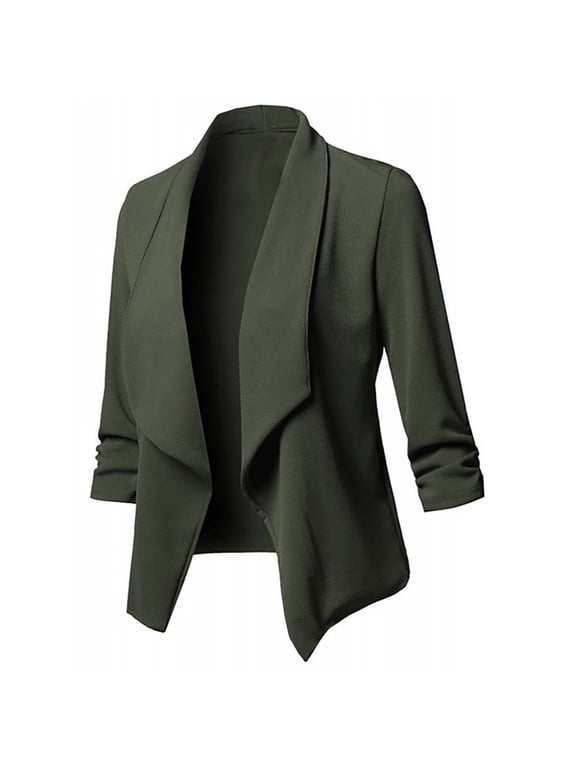 Womens Casual Blazers Open Front 3/4 Ruched Sleeve Notch Lape Business Cardigan Jackets Dress Jackets for Women with Pockets Button Down Suit Fitted Blazers Womens Blazer Green S