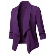 LEKODE Womens Casual Blazers Open Front 3/4 Ruched Sleeve Notch Lape Lightweight Suit Fitted Blazers Fully Lined Stretch Slim Fit Business Cardigan Jackets Women's Blazers & Suit Jackets Purple L