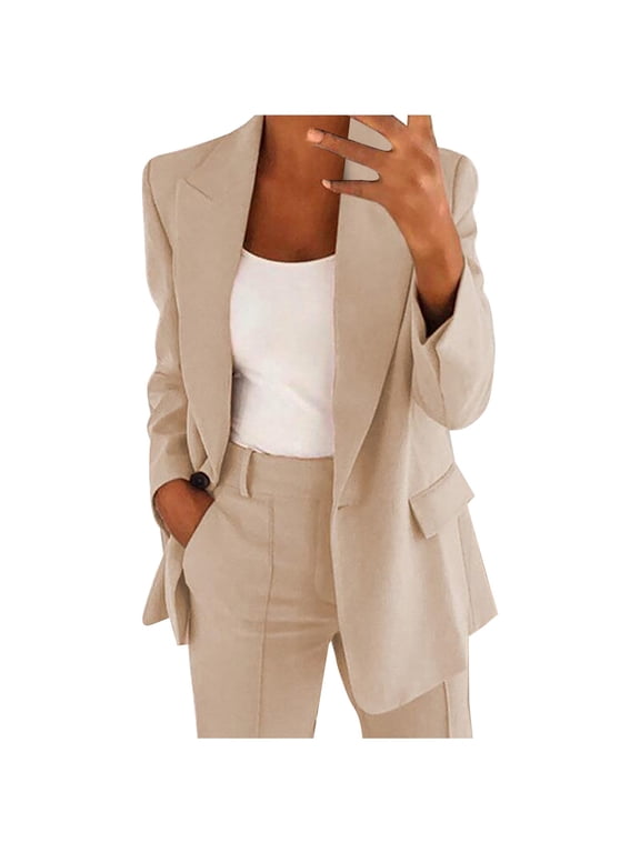 Womens Casual Blazers Open Front Long Sleeve Lapel Collar Chaquetas De Mujer Elegantes Lightweight Suit Oversized Blazers Button Down Blazer Women's Blazers & Suit Jackets Beige L