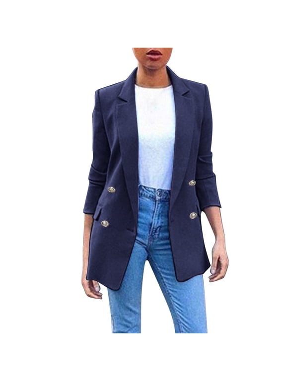 Womens Casual Blazers Open Front Long Sleeve Notch Lape Lightweight Suit Business Cardigan Jackets Fitted Blazers Chaquetas De Mujer Elegantes Womens Suit Jacket Blue S