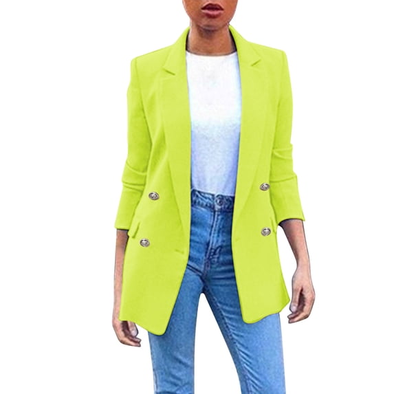 LEKODE Womens Casual Blazers Open Front Long Sleeve Notch Lape Stretch Slim Fit with Pockets Fitted Blazers Slim Fit Work Office Jacket Interview Outfits for Women Yellow 2XL