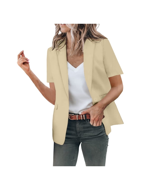 Womens Casual Blazers Open Front Short Sleeve Lapel Collar Lightweight Slim Fit Jackets Fully Lined Work Jacket with Pockets Lightweight Suit Women's Blazers & Suit Jackets Beige 3XL