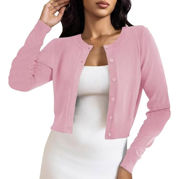 LEKODE Womens Casual Crew Neck Button Down Knit Cardigan Lightweight Long Sleeve Thin Soft Cropped Outer Top B S