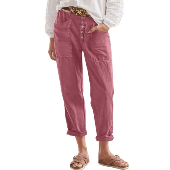LEKODE Womens Cotton Linen Cargo Pants Button Fly Wide Leg Summer Trousers Pink 2XL