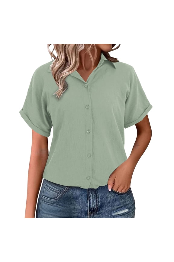 Womens Cotton Linen Gauze Shirts Casual Loose Button Down Tops Short Sleeve Rolled Cuffed Collared Blouses With Side Pockets Green M