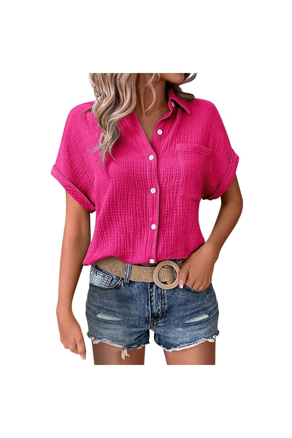 Womens Cotton Linen Gauze Tops Casual Loose Button Down Tops Short Sleeve Rolled Cuffed Collared Blouses With Side Pockets Hot Pink 3XL