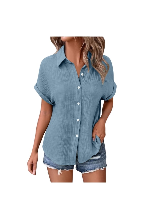 Womens Cotton Linen Gauze Tops Casual Loose Button Down Tops Short Sleeve Rolled Cuffed Collared Blouses With Side Pockets Light Blue 5XL