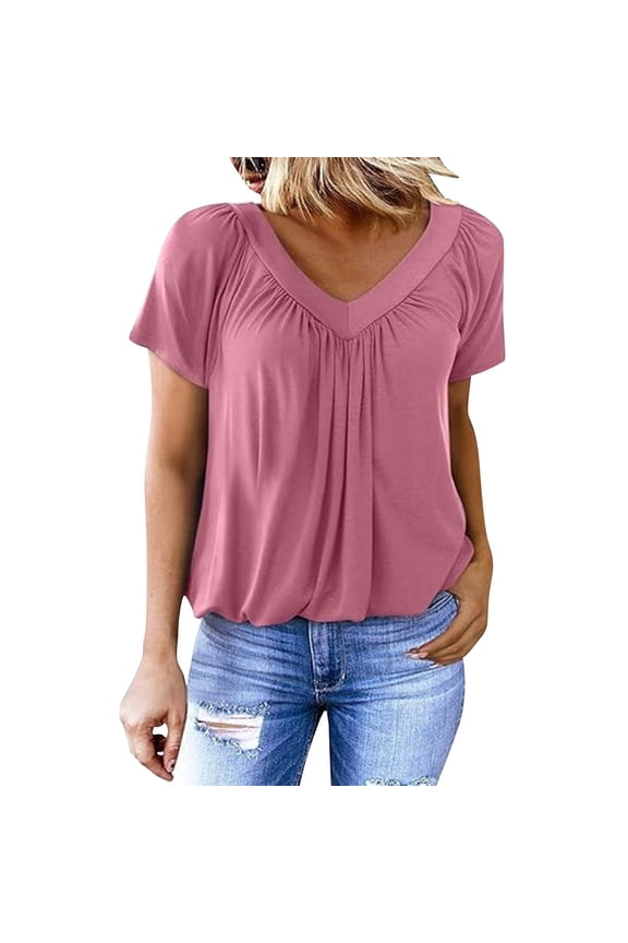 Womens Cotton Linen Tops Short Sleeve V Neck Solid Summer Tops Trendy Flowy Tees Peasant Blouses Plus Size Tops Cute Shirts Comfy Tops Women's Summer Tops Red S