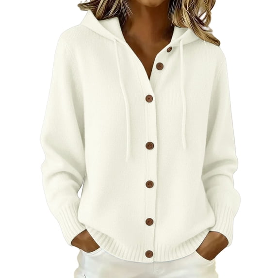 LEKODE Womens Drawstring Hooded V Neck Button Down Knit Cardigan Long Sleeve Soft Lightweight Daily Outerwear with Side Pockets White XL