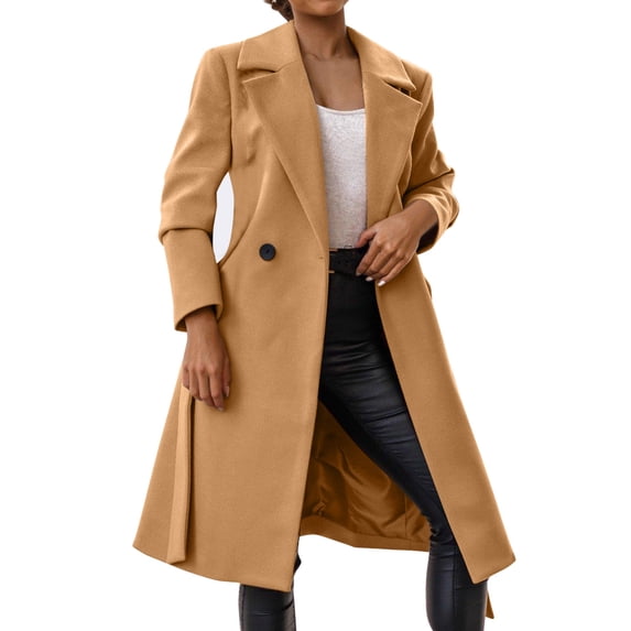 LEKODE Womens Elegant Notched Collar Button Wool Blend Solid Long Pea Coat Overcoat Khaki L