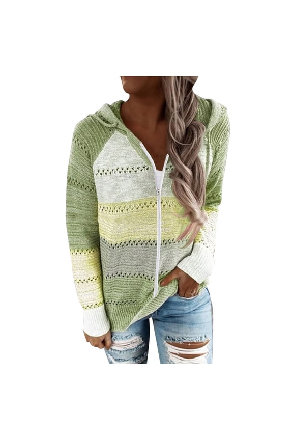 Womens Full Zip Hooded Long Sleeve Color Block Striped Hollow Crochet Knit Regular Length Cardigan Lightweight Fall Daily Casual Layering Outer Sweater Topper Green 3XL