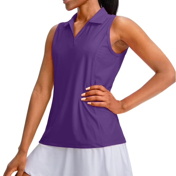 LEKODE Womens Golf Shirt Sleeveless UPF 50+ Polo Shirts Collared Tennis Tops V Neck Athletic Workout Tank Quick Dry Purple S