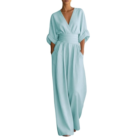 LEKODE Womens Jumpsuits Casual Cotton Linen Jumpsuits for Women Summer Ruched Rompers Wide Leg Jumpsuit Deep V Neck Jumpsuit Vacation Outfits for Women 2026 B Light Blue XXL