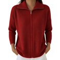thumbnail image 1 of LEKODE Womens Lapel Collar Full-Zip Wool Blend Cardigan Long Sleeve Soft Ribbed Knit Daily Outerwear Red M, 1 of 5