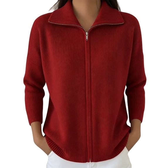 LEKODE Womens Lapel Collar Full-Zip Wool Blend Cardigan Long Sleeve Soft Ribbed Knit Daily Outerwear Red M