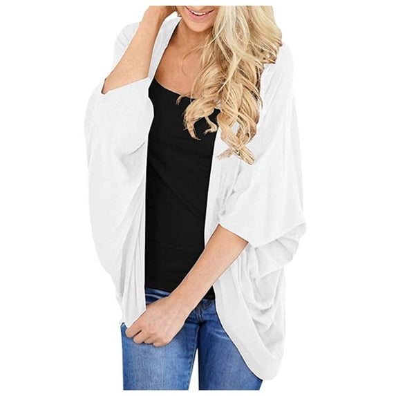 LEKODE Womens Lightweight Chiffon Kimono Cover Up Batwing 3/4 Sleeve Open Front Summer Beach Swim Daily Sun Protection Casual Layering Outer Topper White XL