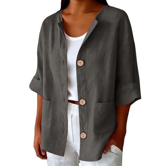 LEKODE Womens Lightweight Solid Linen Short Jacket Stand Collar 3/4 Rolled Sleeve Button Casual Spring Daily Office Outer Blazer Gray S