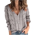 thumbnail image 1 of LEKODE Womens Lightweight Solid Plain Crochet Knit Cropped Cardigan V Neck Long Sleeve Full Button Down Spring Daily Tank Dress Vacation Layering Outer Shrug Topper Gray 2XL, 1 of 5