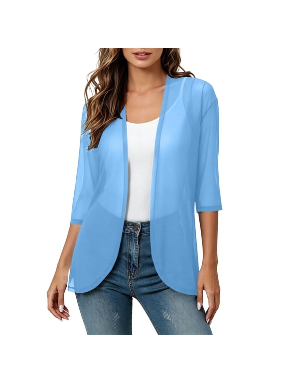 Womens Lightweight Solid Sheer Mid Length Kimono Shrug Open Front 3/4 Plain Sleeve Casual Summer Daily Tank Outer Cardigan Sky Blue M