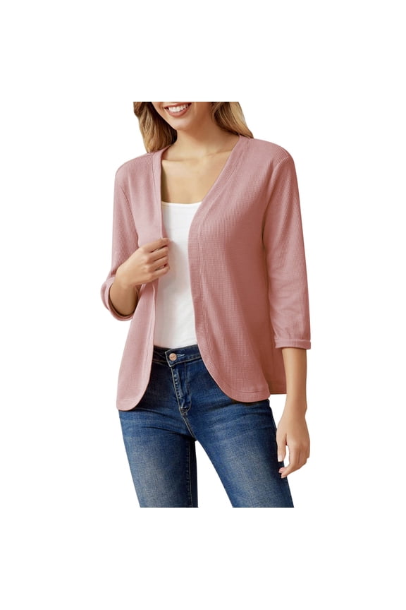 Womens Lightweight Textured Knit Cropped Bolero Shrug V Neck Three Quarter Roll Cuff Open Front Everyday Formal Dress Daily Office Sun Protection Layering Outer Topper Pink L
