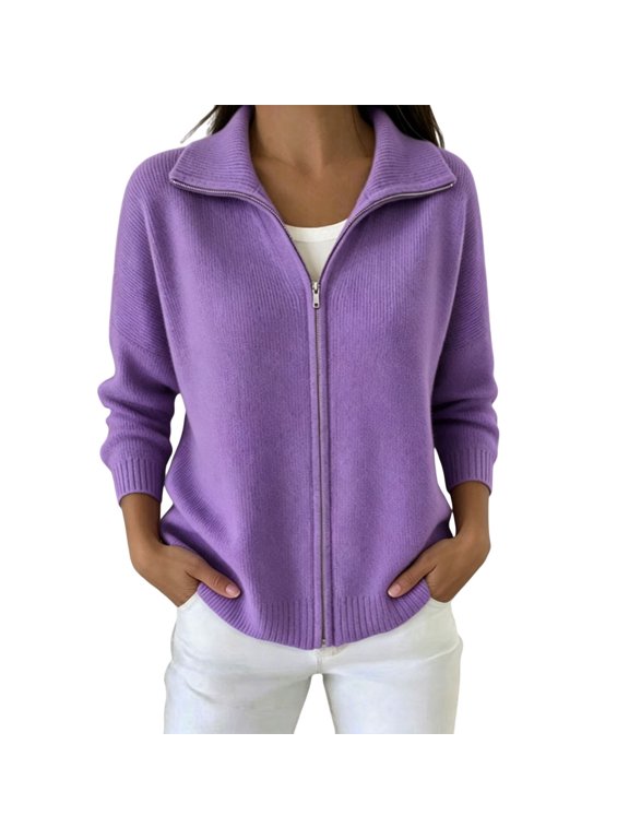 Womens Lightweight Wool Blend Full-Zip Cardigan Sweater Lapel Collar Relaxed Long Sleeve Ribbed Knit Outer Coat Purple S