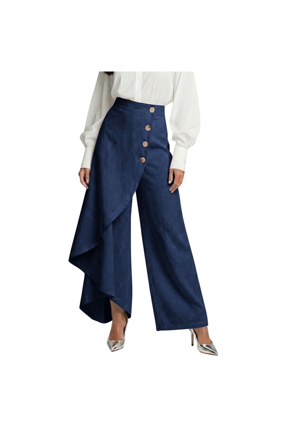 Womens Linen Blend Wrap Pants with Asymmetric Hem Button Up High Waisted Wide Leg Pants Trendy Summer Wide Leg Trouser Blue L