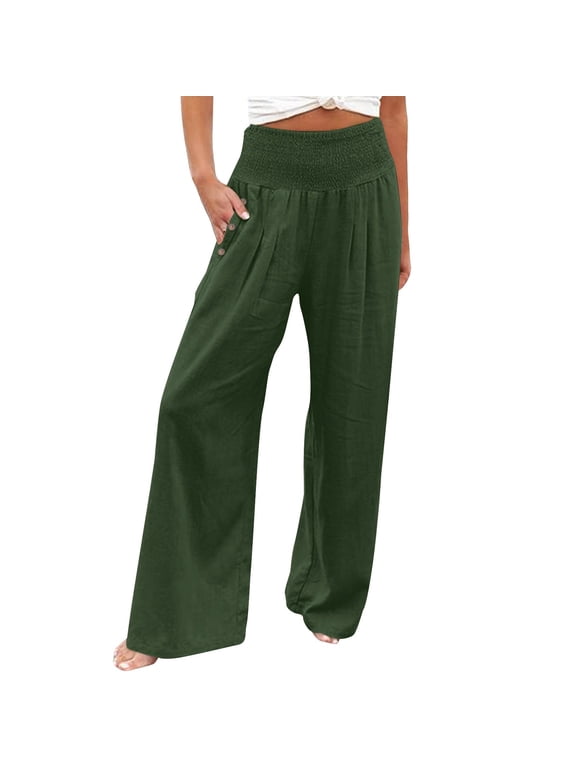Womens Linen Pants Summer Smocked High Waisted Wide Leg Pants Ruffle Hem Palazzo Pant Boho Flowy Beach Trousers Green S