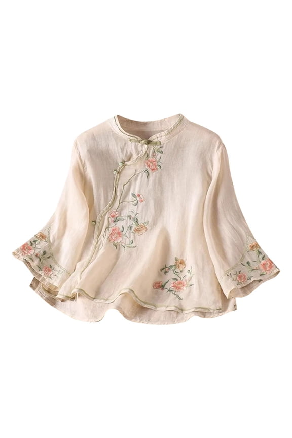 Womens Linen Tops and Blouses 3/4 Length Sleeve Chinese Style Boho Floral Wildflowers Graphic Tee Flowy Floral Shirts Casual Cottagecore Summer T Shirt Women Summer Tops Beige L