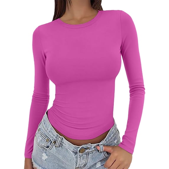 LEKODE Womens Long Sleeve Shirts Ribbed Knit Fitted Cute Tops for Women Trendy Basic Pullover Shirt Clothes Red 4 M