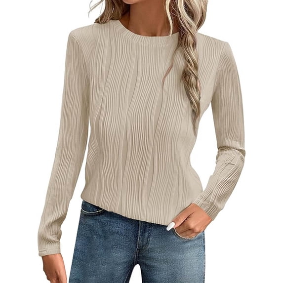 LEKODE Womens Long Sleeve Shirts Slim Fit Ribbed Crewneck T‑Shirt Casual Basic Tops Beige 2XL