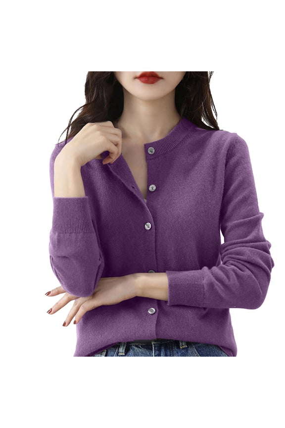 Womens Loose Fit Crewneck Long Sleeve Button Down Plain Lightweight Knit Cardigan Spring Office Everyday Casual Layering Outer Sweater Topper B Purple 2XL