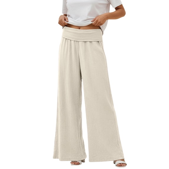 LEKODE Womens Low Rise Wide Leg Linen Pants Baggy Flowy Full Length Palazzo Resort Casual Bottoms Beige M