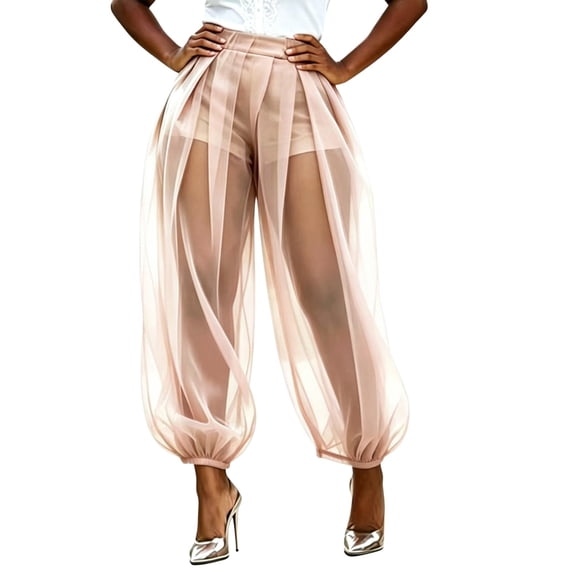 LEKODE Womens Mesh Balloon Pants Wide Leg See Through Sheer Barrel High Waist Pleated Trouser with Built-in Shorts Pink L