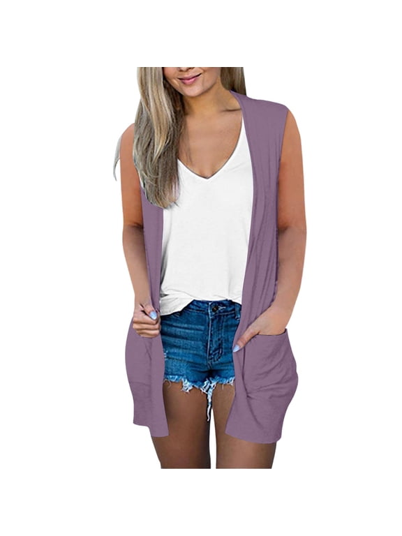 Womens Multi Color Solid Knit Layering Duster Sleeveless Open Front Loose Long Length Side Pockets Spring Everyday Casual Outer Top Purple L
