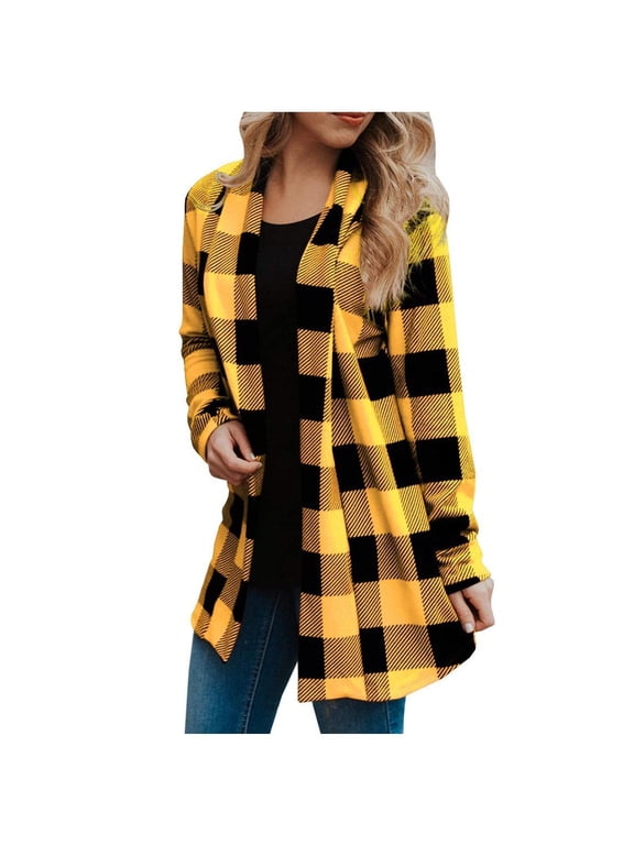 Womens Open Front Long Sleeve Buffalo Plaid Soft Cotton Lightweight Mid Length Duster Cardigan Fall Casual Everyday Layering Outer Topper Yellow XL