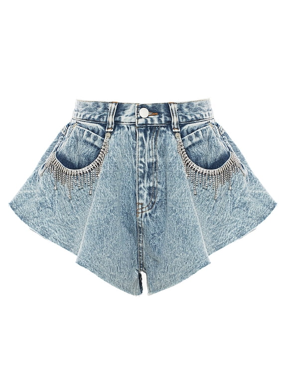 Womens Rhinestone Jean Shorts High Waisted Sparkly Glitter Frayed Raw Hem Distressed Denim Shorts Y2k Jorts Sky Blue XS