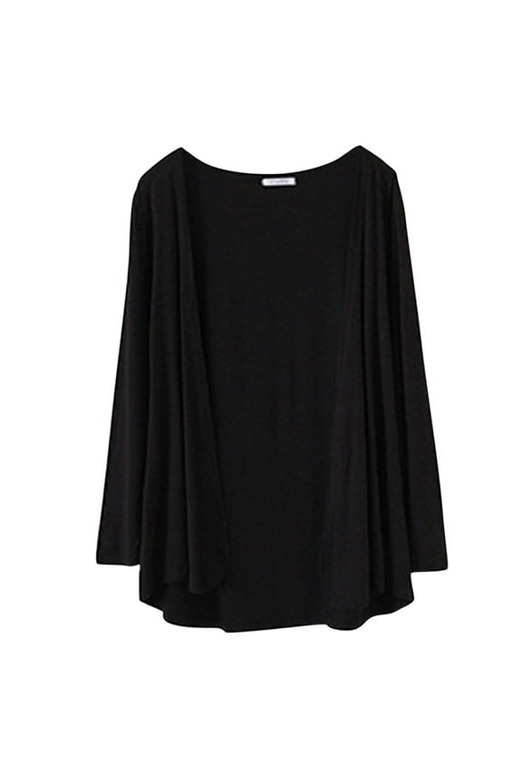 Womens Ruched Cuff Open Front All Over Smooth Ice Knit Layering Cardigan Long Sleeve Mid Flow Hem Thin Breathable Summer Daily Outer Top Black XL