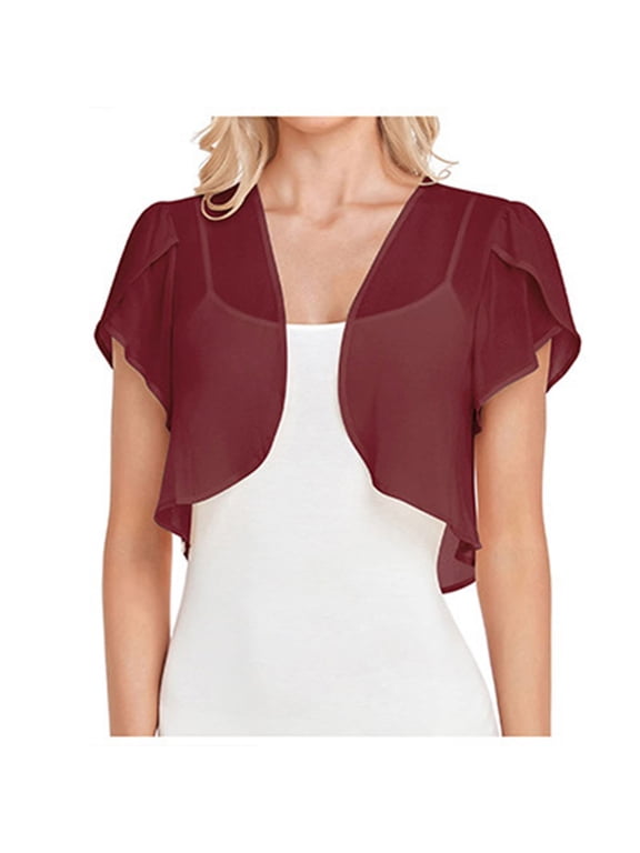 Womens Sheer Chiffon Open Front Short Sleeve Cropped Bolero Shrug Lightweight Evening Wedding Dress Cover Up Topper Wine XL